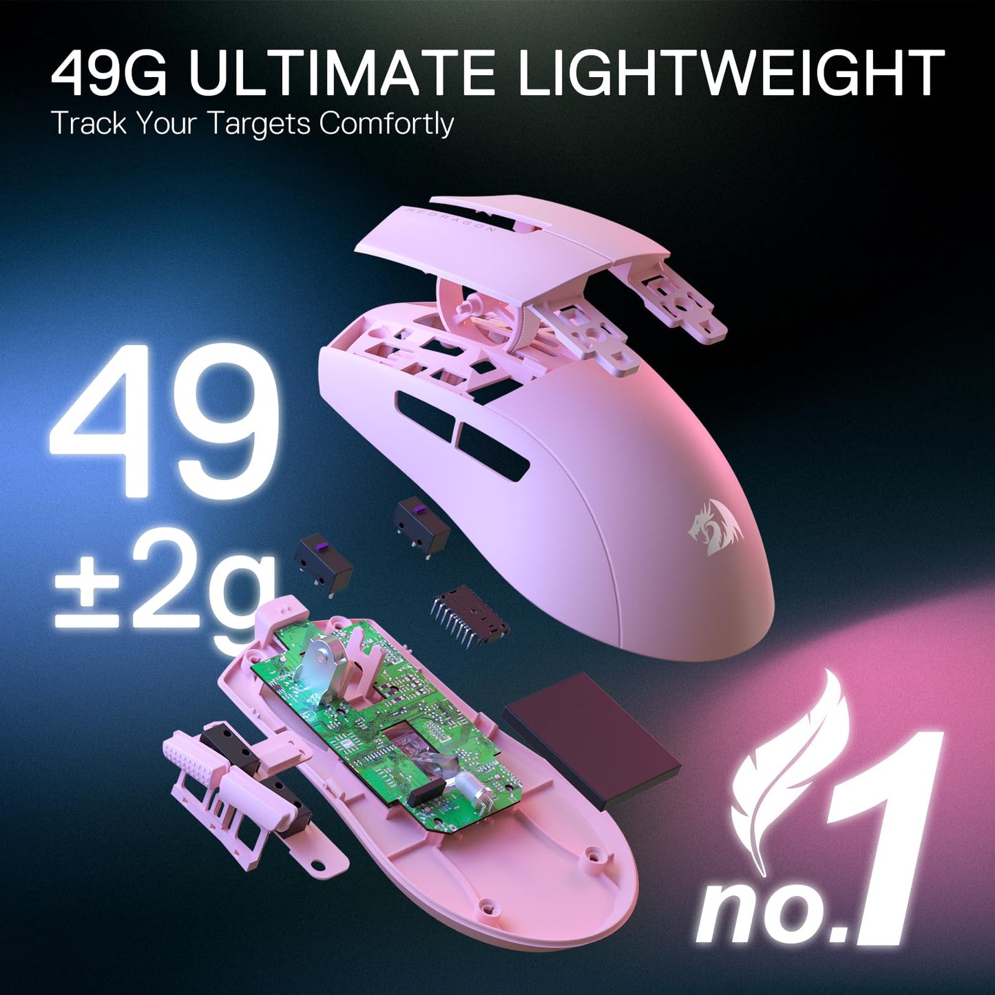 Redragon M916 PRO Wireless Gaming Mouse - 26K DPI, Ultra-Light, Ergonomic Design, Programmable Buttons, Pink