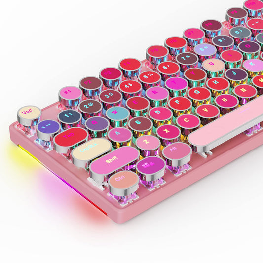 HUO JI Mechanical Gaming Keyboard Typewriter Style with RGB Side Lit and Rainbow Backlit  Retro Style  Blue Switches - Clicky  Metal Panel  Lipstick 104 Keys USB Wired for Mac  PC  Cute Pink