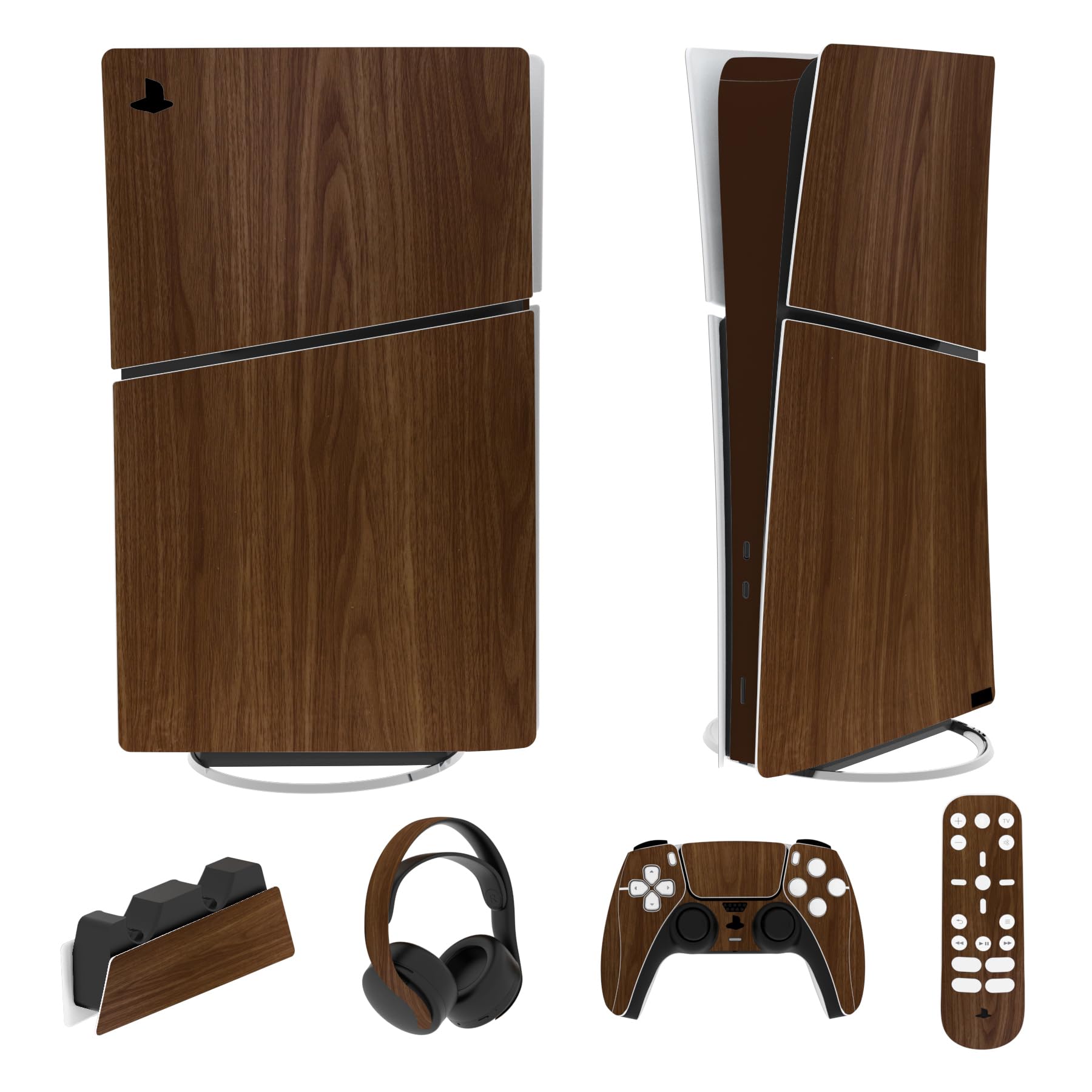 PlayVital Full Set Skin Sticker for ps5 Slim Console Digital Edition (The New Smaller Design)  Vinyl Skin Decal Cover for ps5 Controller & Headset & Charging Station & Media Remote - Wood Grain