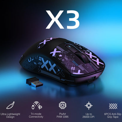 ATTACK SHARK X3 Wireless Gaming Mouse - 26K DPI, Tri-Mode, 5 Buttons, Black with Stickers