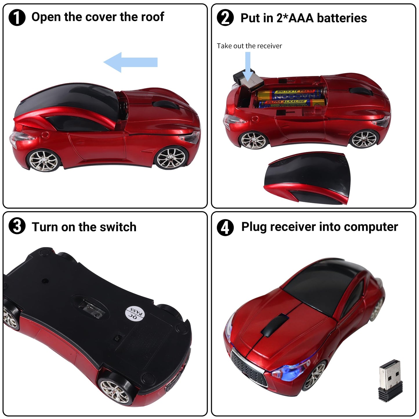 elec Space Wireless Car-Shape Mouse with LED Headlights, 2.4G, 1600 DPI, Red, Model ES-CS-WLH-2.4G-1600DPI