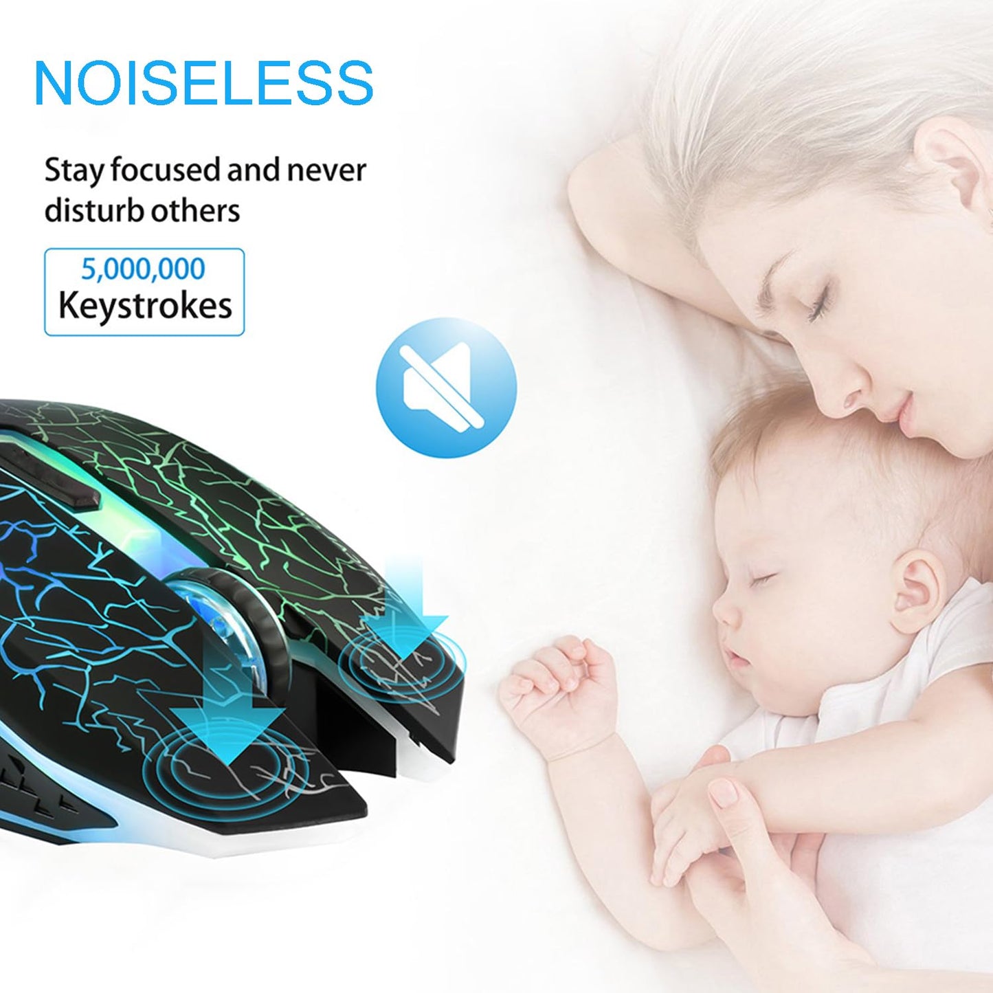TENMOS M2 Wireless Gaming Mouse - Silent, Rechargeable, 7-Color LED, Ergonomic, 3 Adjustable DPI, Black