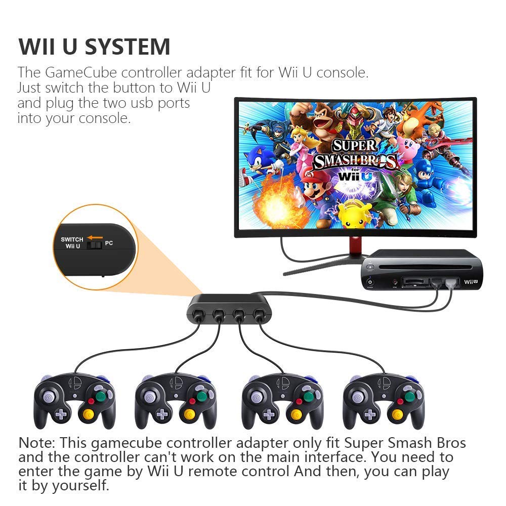 CLOUDREAM Gamecube Controller Adapter for Nintendo Switch/Wii U, Black, HS-WU025, Turbo & Vibration Support, 180cm USB Cable