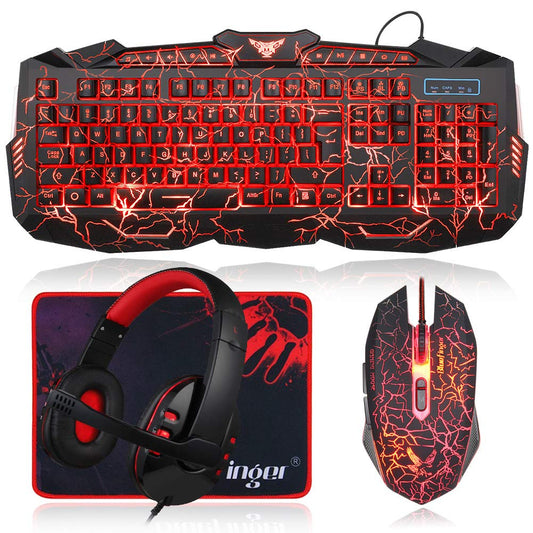 BlueFinger Gaming Keyboard Mouse Headset Combo USB Wired split Backlit Keyboard 114 Keys Letters Glow LED Keyboard Red LED Light Headset for Laptop PC Computer Work and Game