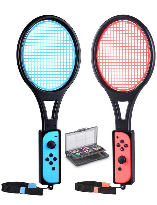 Tendak Tennis Racket for Nintendo Switch Joy-Con - 2 Pack Game Accessories with 12 in 1 Game Card Case, Black, Model GE-003