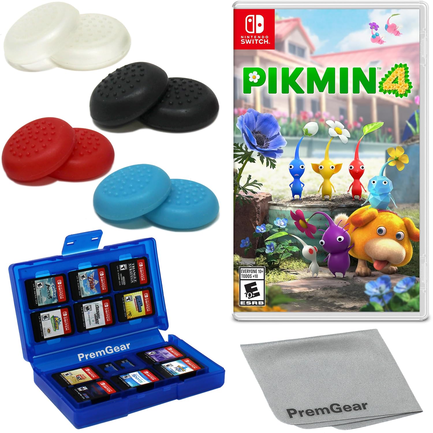 Pikmin 4 for Nintendo Switch (US Version)  with PremGear Thumb Grips (8 pack - Black  Blue  Red & Clear)  24 Slot Game Card Holder & Cleaning Cloth