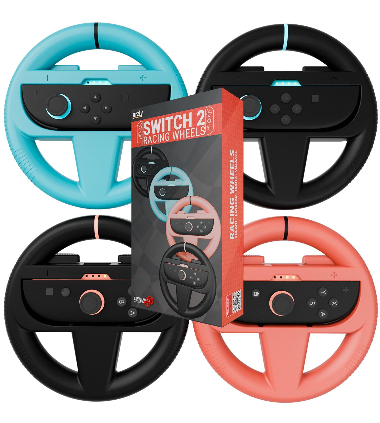 Orzly Racing Steering Wheels Compatible with Switch 2 (2025 Console) - Party [Pack of 4] Joy-Con Controller Attachments for MarioRacing Games (2 Black  1 Blue  1 Red) Gift Boxed