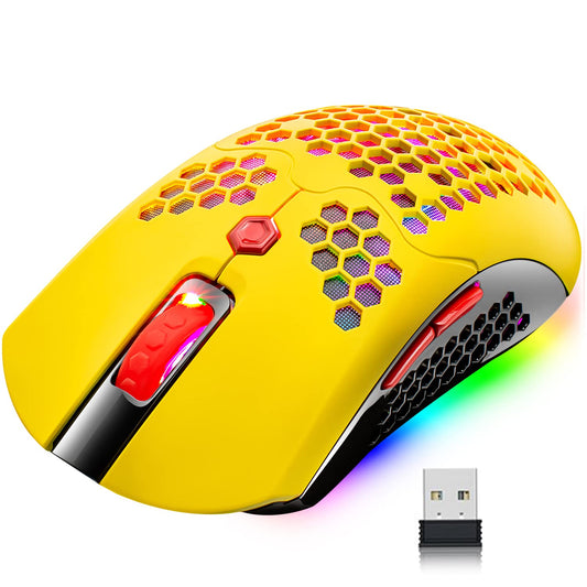 ZIYOU LANG Wireless Gaming Mouse - 16 RGB Backlit, Ultralight, 12000 DPI, Rechargeable, Honeycomb Shell, Yellow