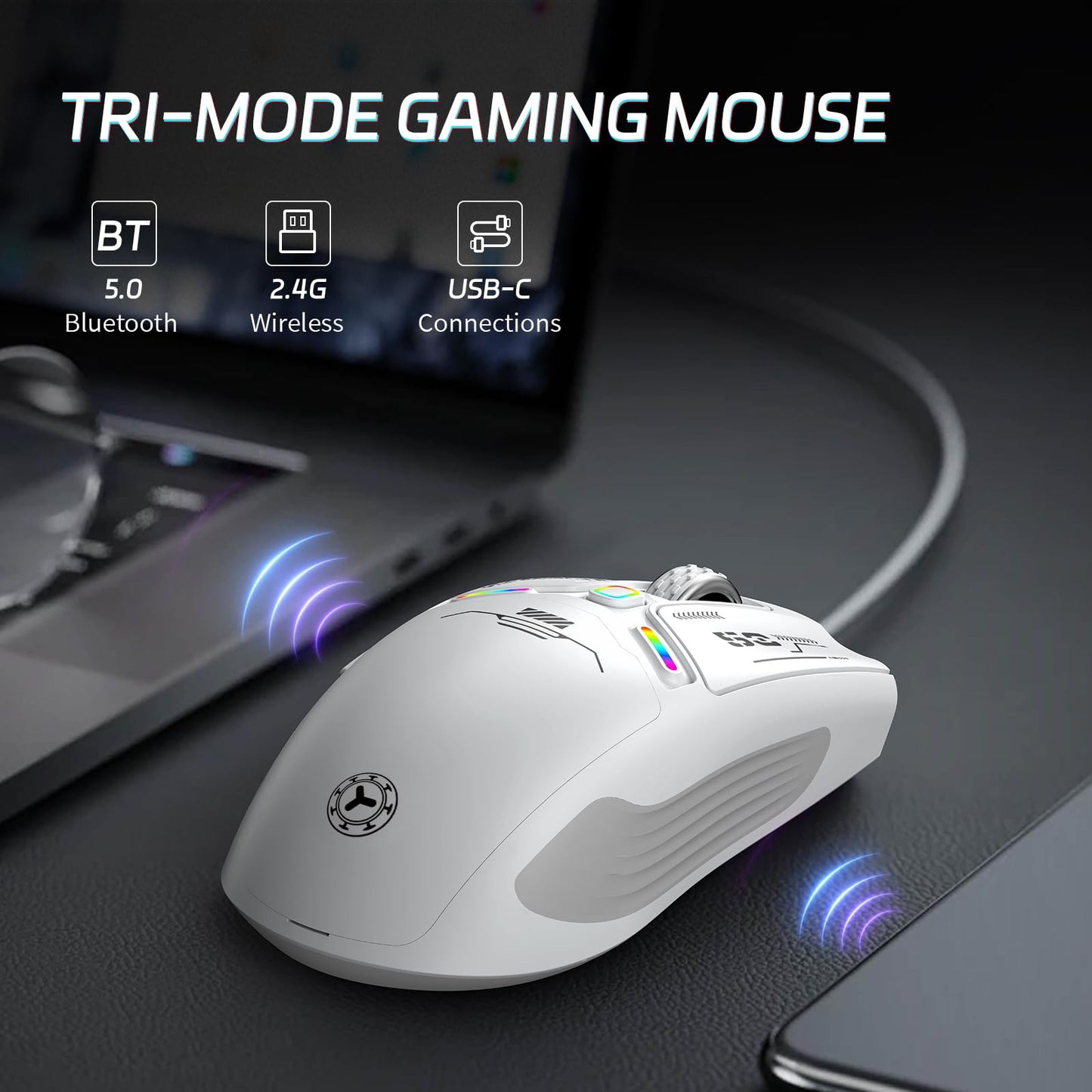 TENMOS M530 Wireless Gaming Mouse - 12000 DPI, RGB, 6 Programmable Buttons, Bluetooth/USB-C, Rechargeable, White