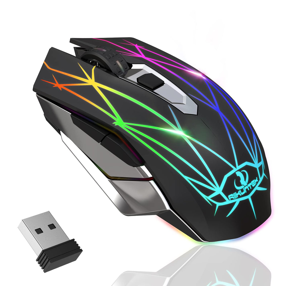 RIIKUNTEK Wireless Gaming Mouse, Computer Mouse Rechargeable with 3 Adjustable DPI, Silent Click, USB Receiver, LED Lights, 2.4G