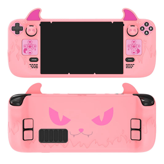 PlayVital Cute Demon Protective Case for Steam Deck LCD & OLED  Kawaii Anti-Slip Protector for Steam Deck OLED with Thumb Grip Caps & Trackpads Stickers & Back Button Enhancement Set - Pink