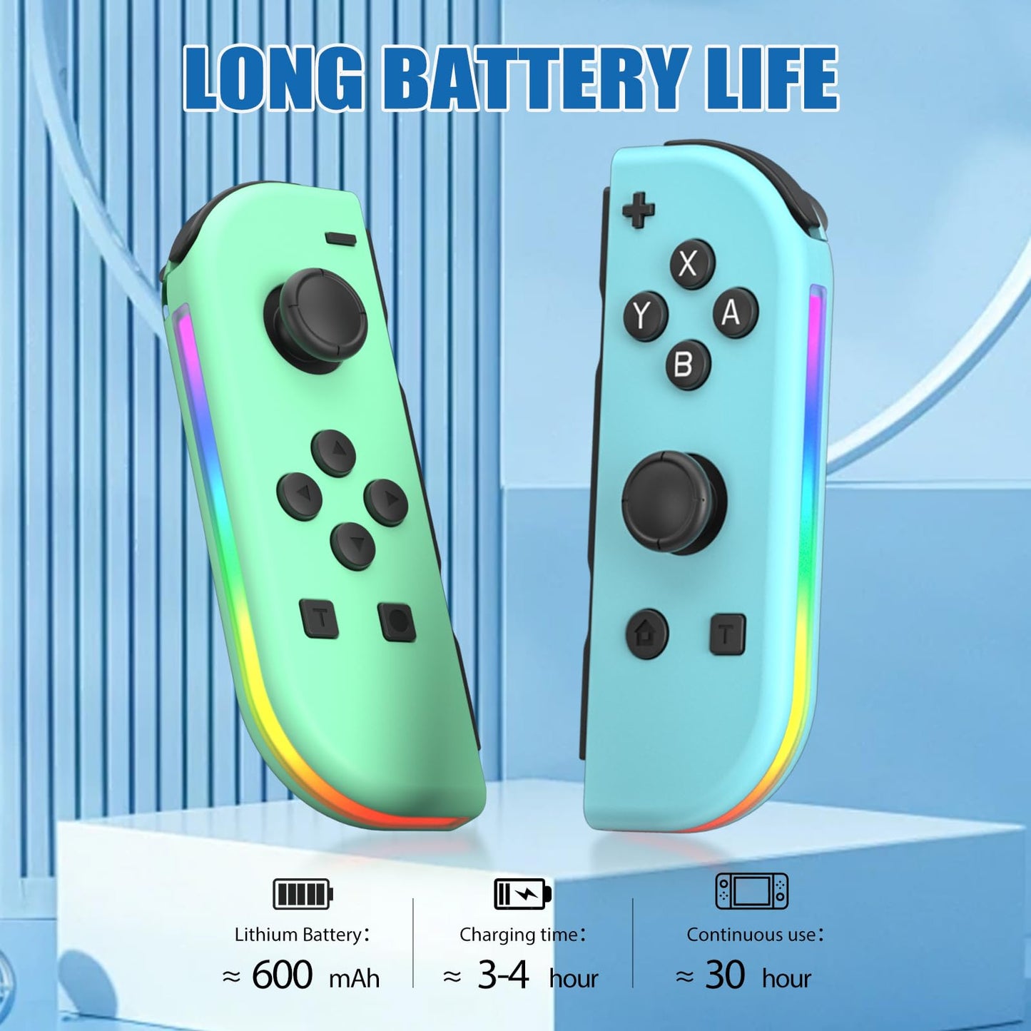 Haiovia Wireless Joycon Controller for Nintendo Switch - Dual Vibration, Motion Control, RGB Lights - Blue/Green, Model 1