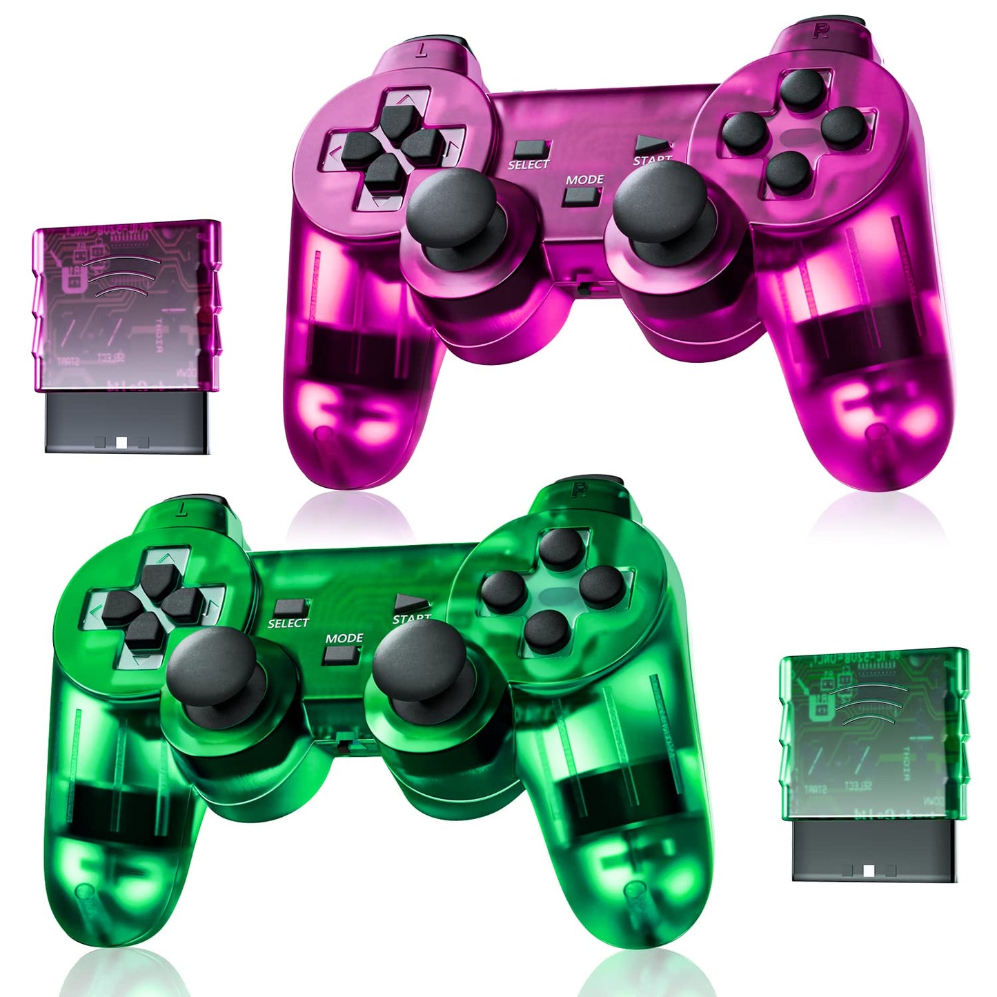 Burcica Wireless Controller for PS2 Play Station 2 Dual Vibration 2 - ClearGreen and ClearPurple