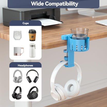 KDD 2 in 1 Headphone Hanger & Desk Cup Holder - Rotatable Under Desk Clamp - Blue - Model 790-FUTI