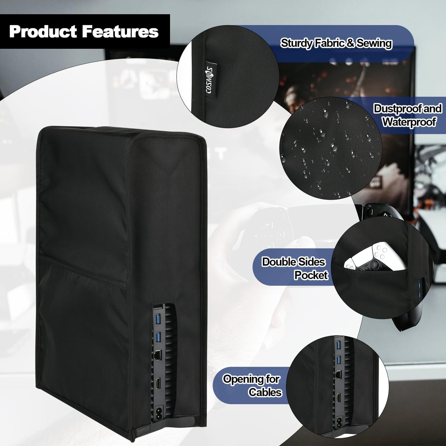 Cosmos PS5 Dust Cover - Anti Scratch & Waterproof Sleeve with Side Pockets, Black, Model GAME-DUST-COVER