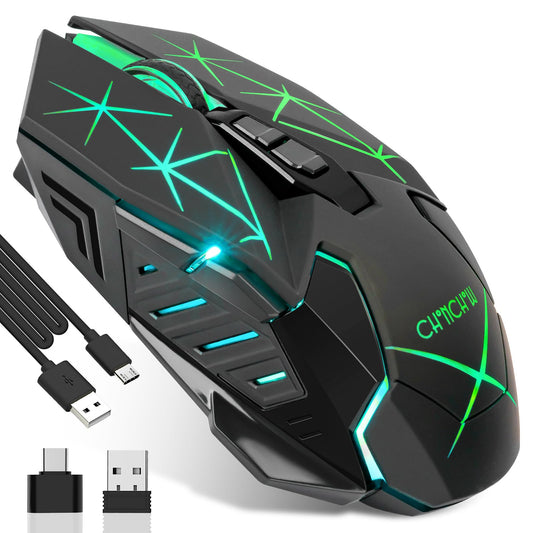CHONCHOW Wireless Gaming Mouse, 3200 DPI, 7 Buttons, USB C, Colorful LED, Black, Model WG10