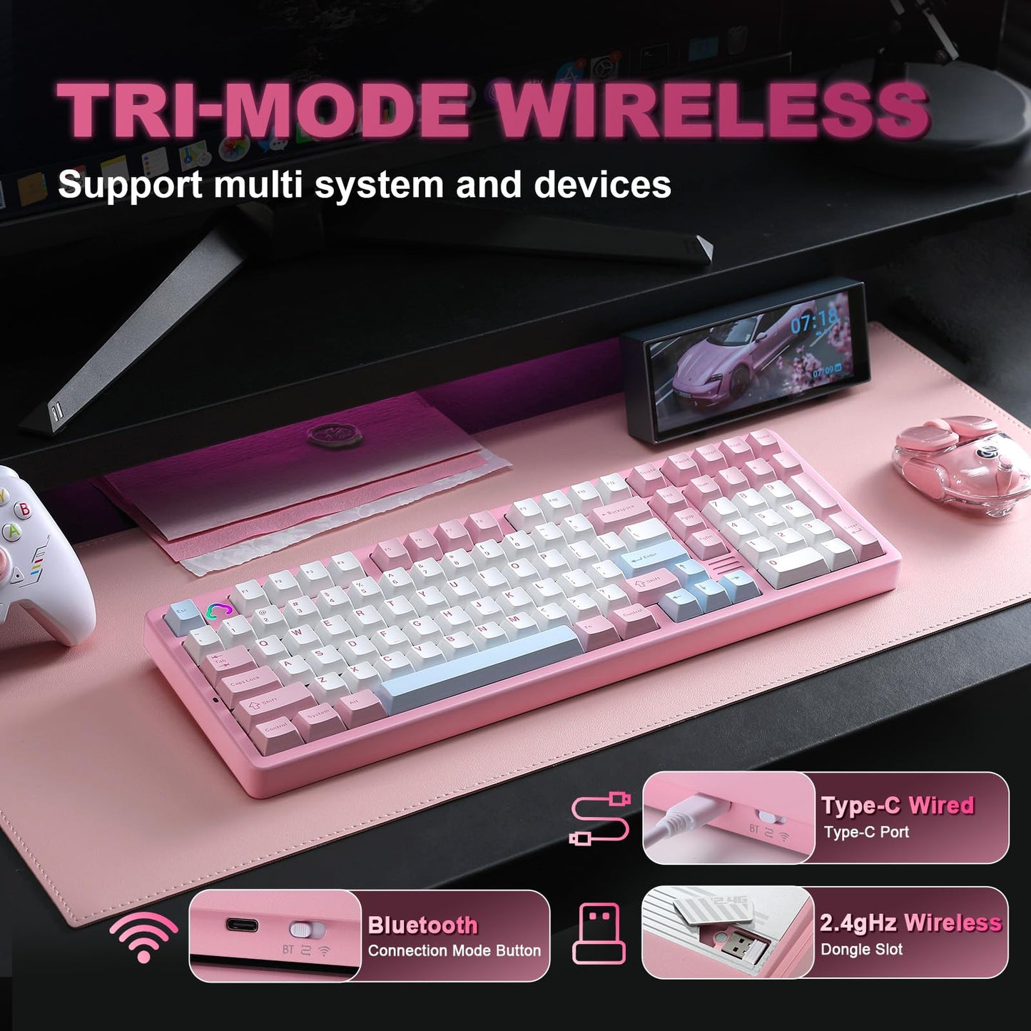 YUNZII AL98 Wireless Mechanical Gaming Keyboard - Full Aluminum, RGB Backlit, Hot Swappable, 1800 Layout, Pink, Milk Switch