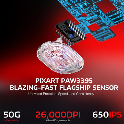 MANBASNAKE ATTACK SHARK X3 Wireless Gaming Mouse - 49g, 26K DPI, 200h Battery Life, Red & Griptape, Ergonomic Design for PC