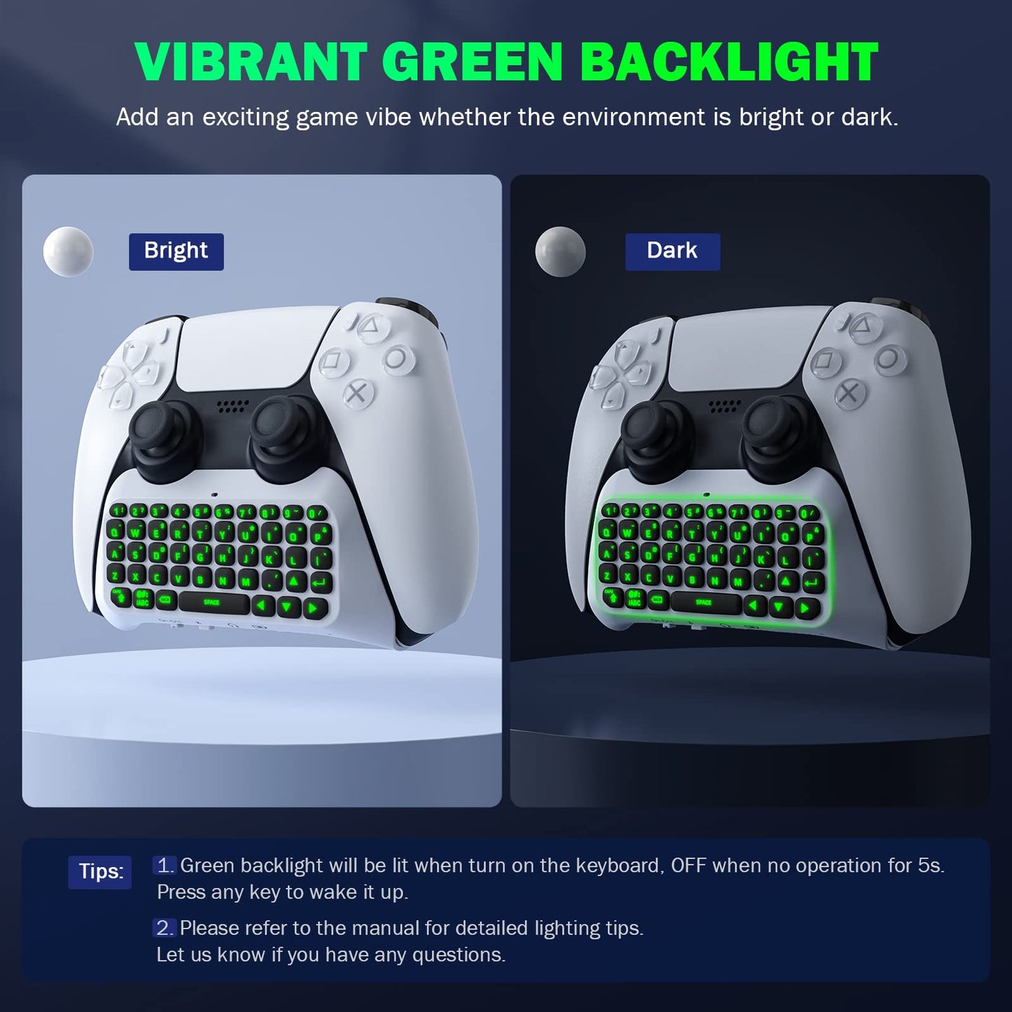 MoKo Bluetooth Wireless Mini Keypad Chatpad for PS5 Controller, Green Backlight, Off-white, Built-in Speaker & Audio Jack