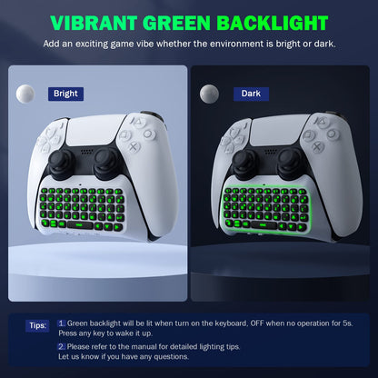 MoKo Bluetooth Wireless Mini Keypad Chatpad for PS5 Controller, Green Backlight, Off-white, Built-in Speaker & Audio Jack