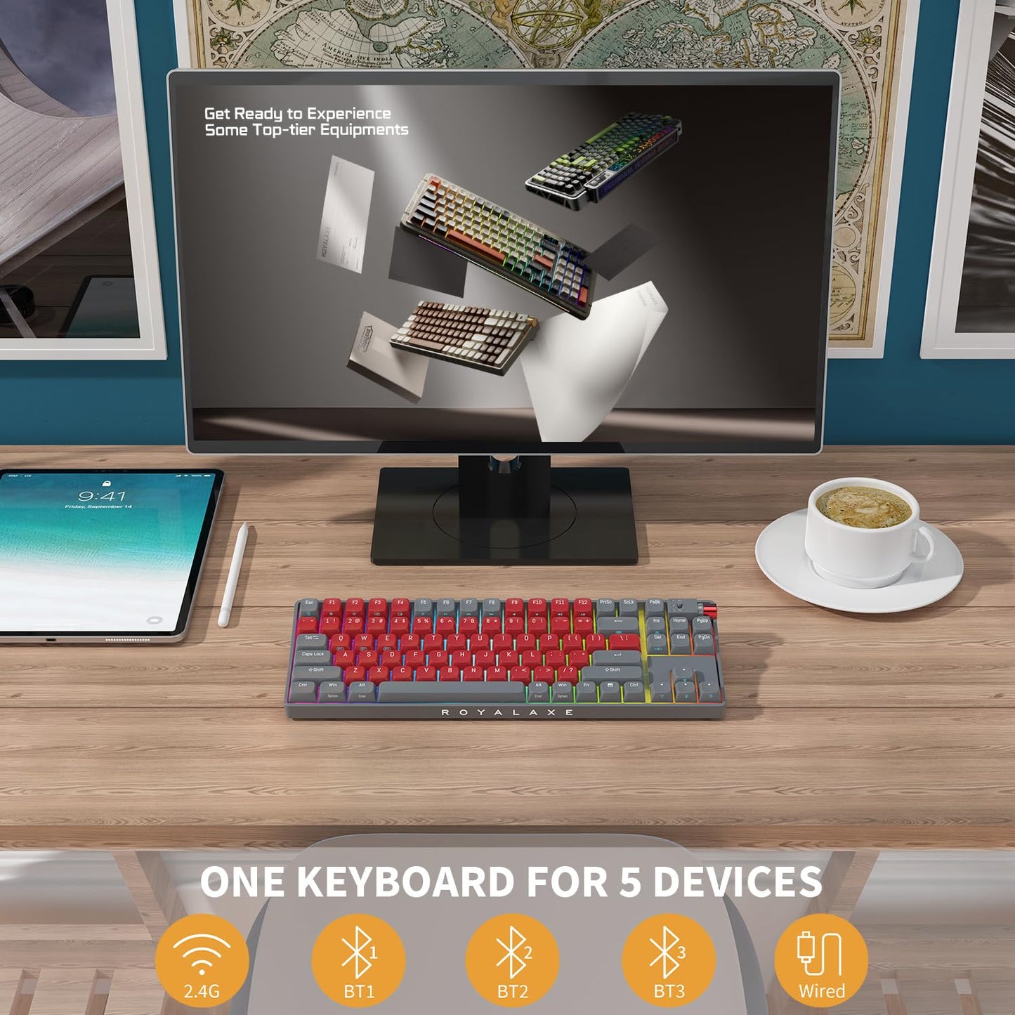 ROYALAXE R87 Wireless Mechanical Keyboard - Hot Swappable, RGB, 88 Keys, G Pro Yellow Switch, Whale Blue for Windows & Mac