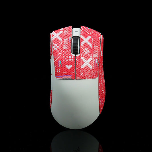 Hokeyio Grip Tape for Razer Deathadder V3 Pro - Anti-Slip, Soft Leather, 0.5mm, Printsteam Red, Model AA0244