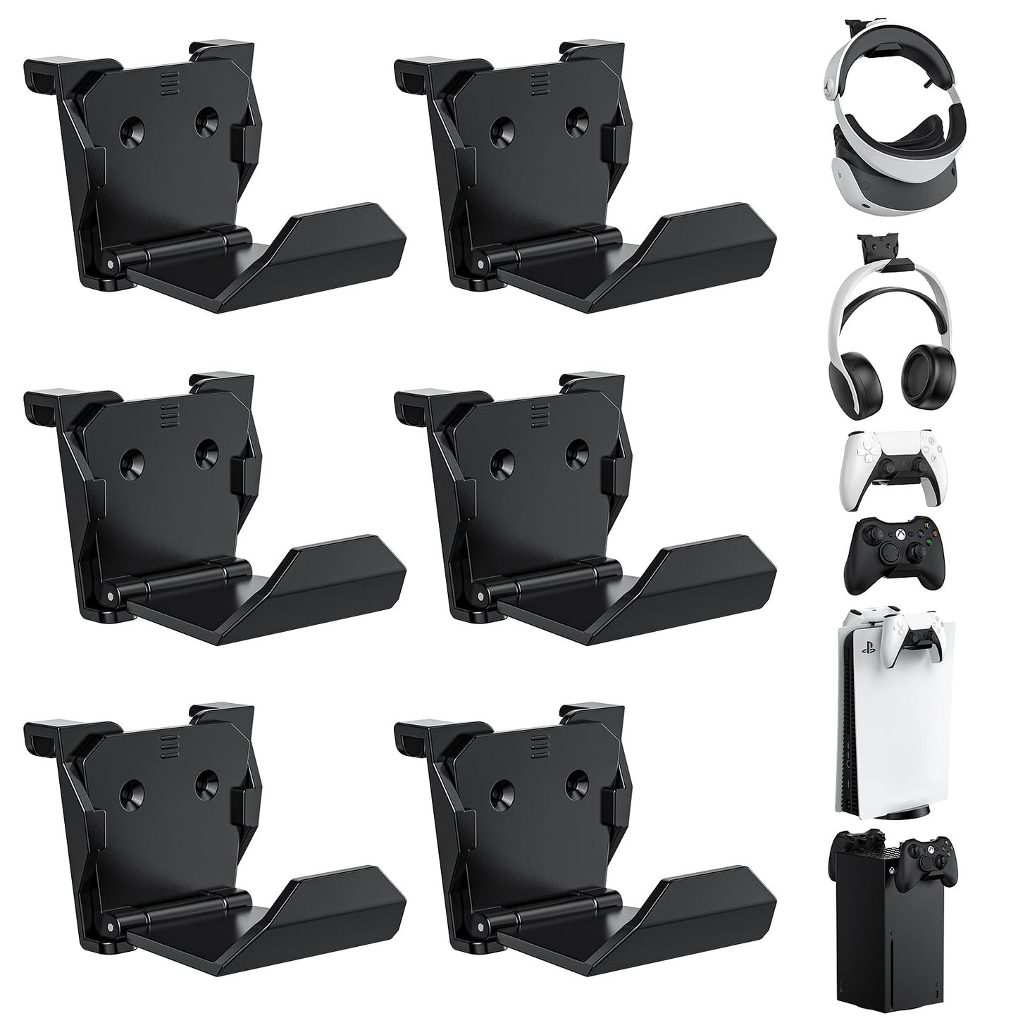 KUNSLUCK 6 Pack Controller Wall Mount for PS5  Xbox  Switch Controller  Wall Mount Stand for Controller&Headset  Adhesive/Screws Installation (Black)