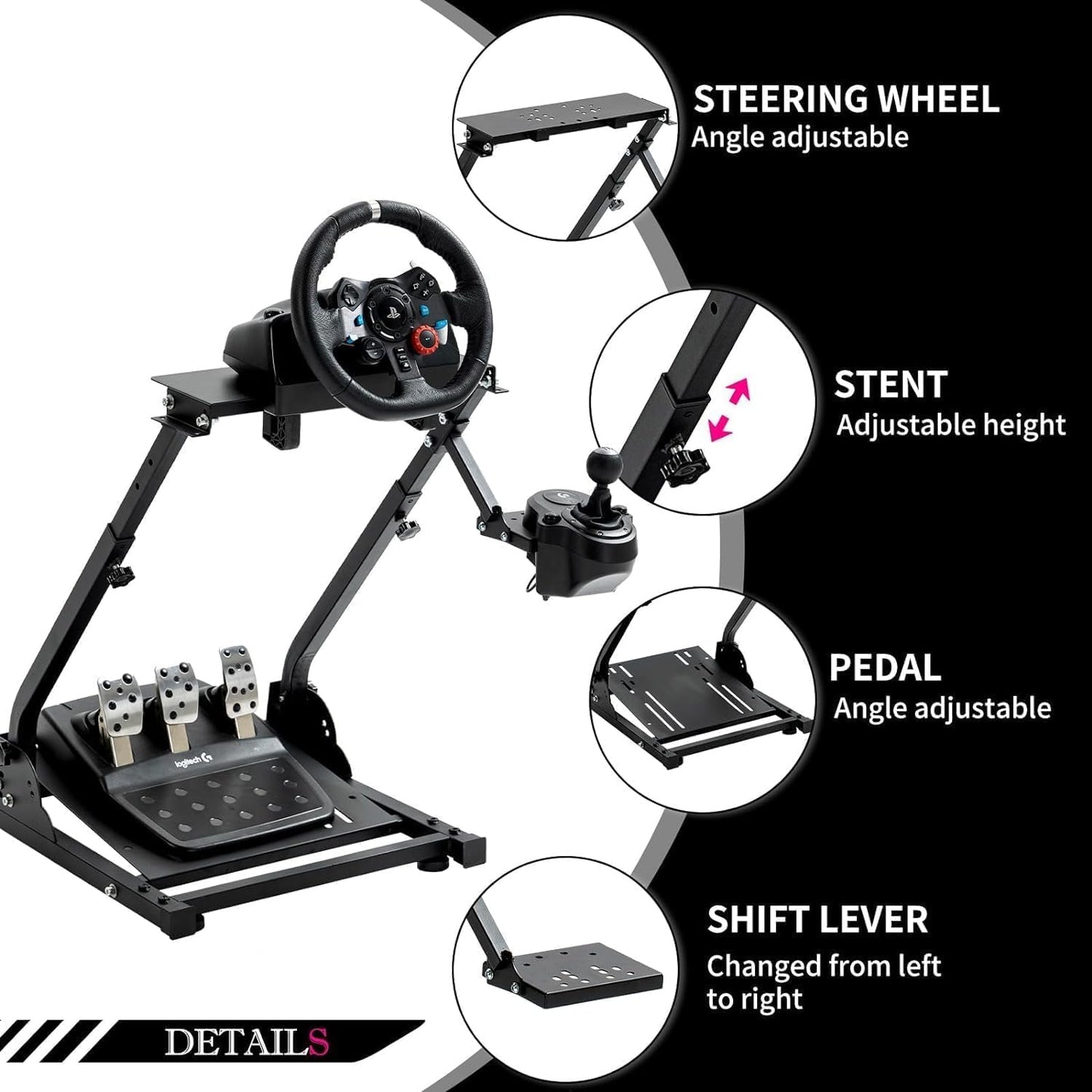 Minneer Foldable Racing Wheel Stand for Logitech/Thrustmaster/Fanatec - 1H Size, Black - Compatible with G29/G920/G923/G27/G25/T80/T