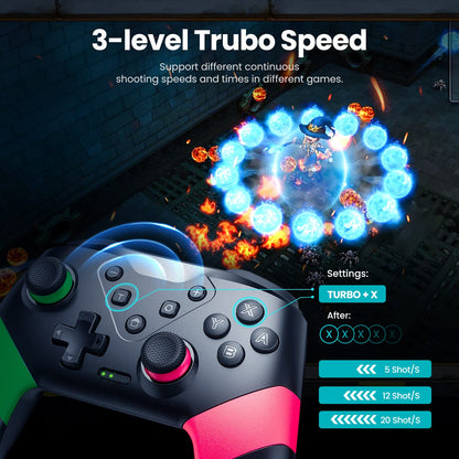 VOYEE Wireless Pro Controller for Switch/Lite/OLED, Pink+Green, Motion Control, Vibration, Turbo, Model S03