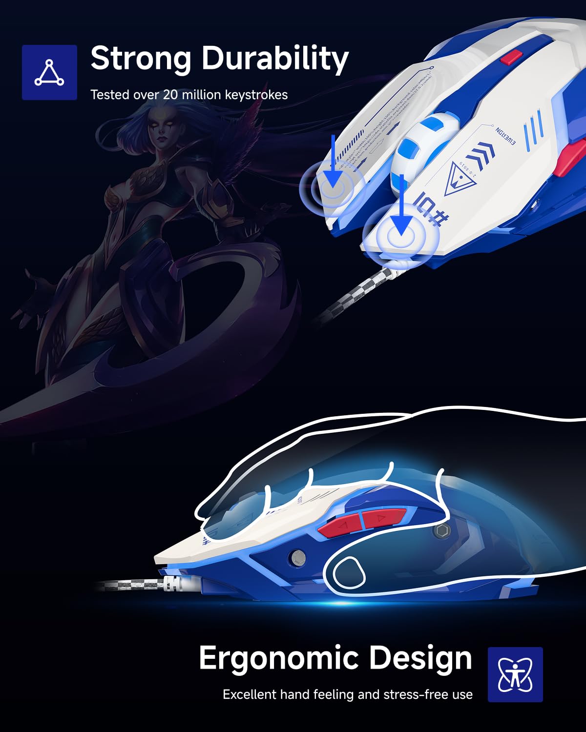 SEUNKWANG G10 Wired Gaming Mouse with RGB Backlight, 3200 DPI, Ergonomic Design, White-Blue