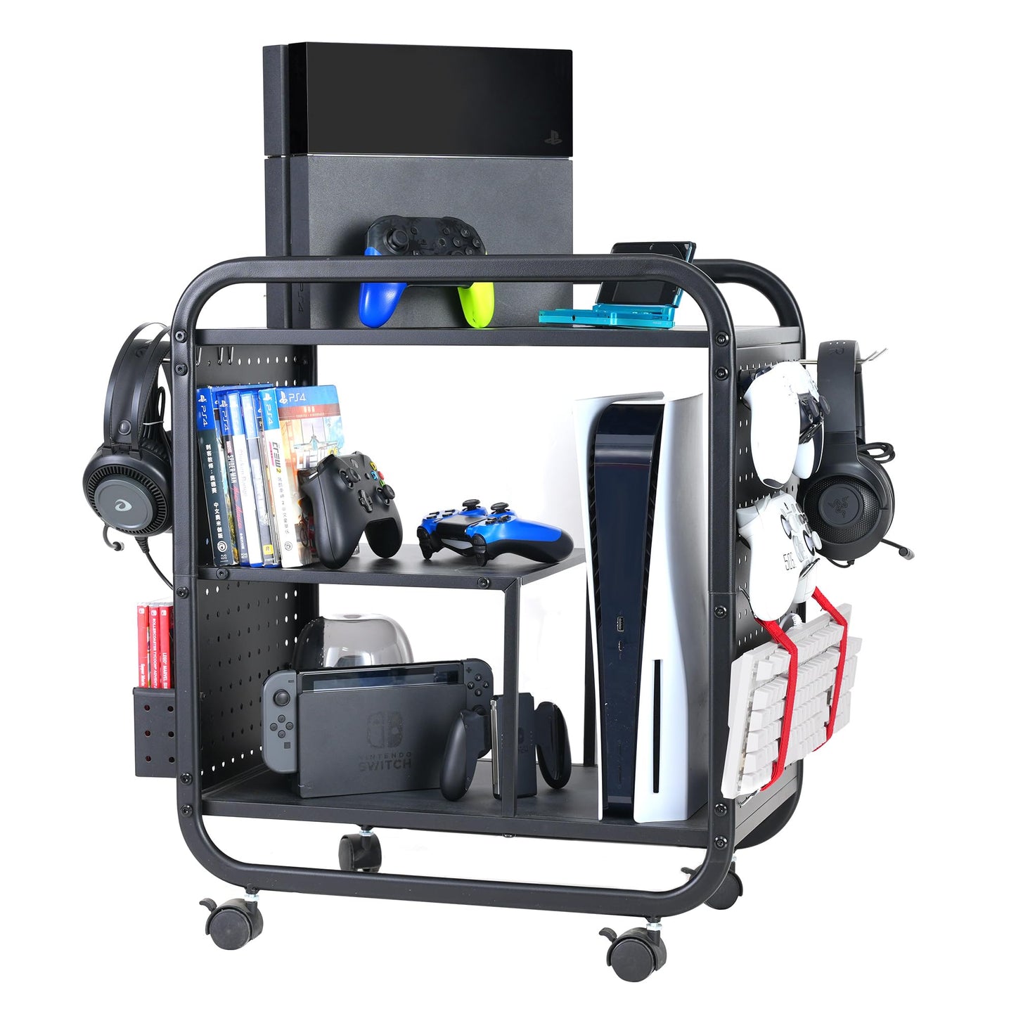 PLKOW Video Game Organizer, Rolling Rack for Xbox/PS4/PS5, 26H x 23.6L x 12.6W, Black, Model P548, Ideal