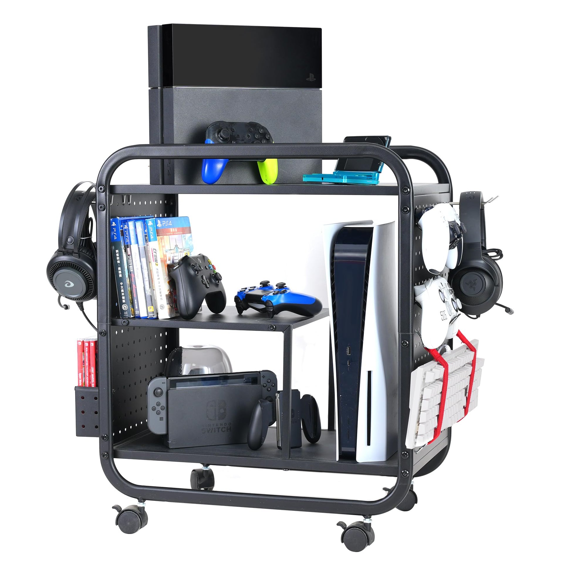 PLKOW Video Game Organizer, Rolling Rack for Xbox/PS4/PS5, 26H x 23.6L x 12.6W, Black, Model P548, Ideal