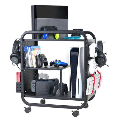 PLKOW Video Game Organizer, Rolling Rack for Xbox/PS4/PS5, 26H x 23.6L x 12.6W, Black, Model P548, Ideal
