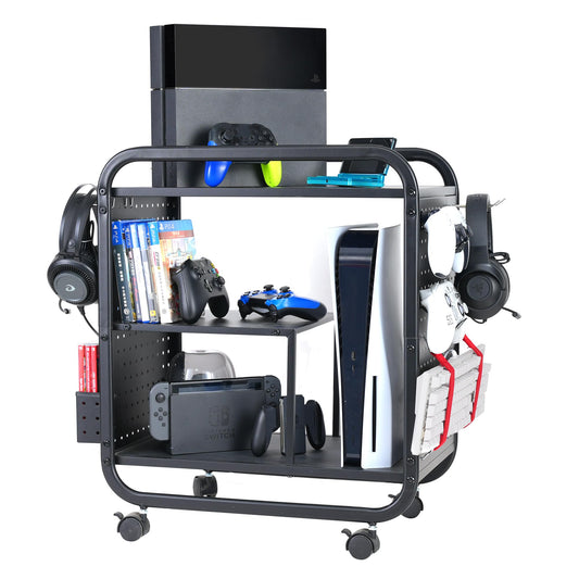 PLKOW Video Game Organizer, Rolling Rack for Xbox/PS4/PS5, 26H x 23.6L x 12.6W, Black, Model P548, Ideal