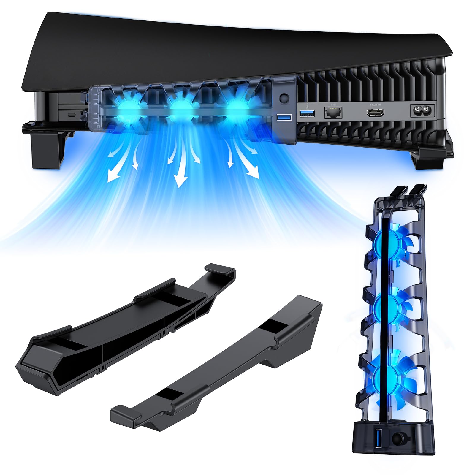 NexiGo PS5 Horizontal Stand with Cooling Fan, USB 3.0, LED Light, Auto Power On/Off, Black, Model 1551S BLK