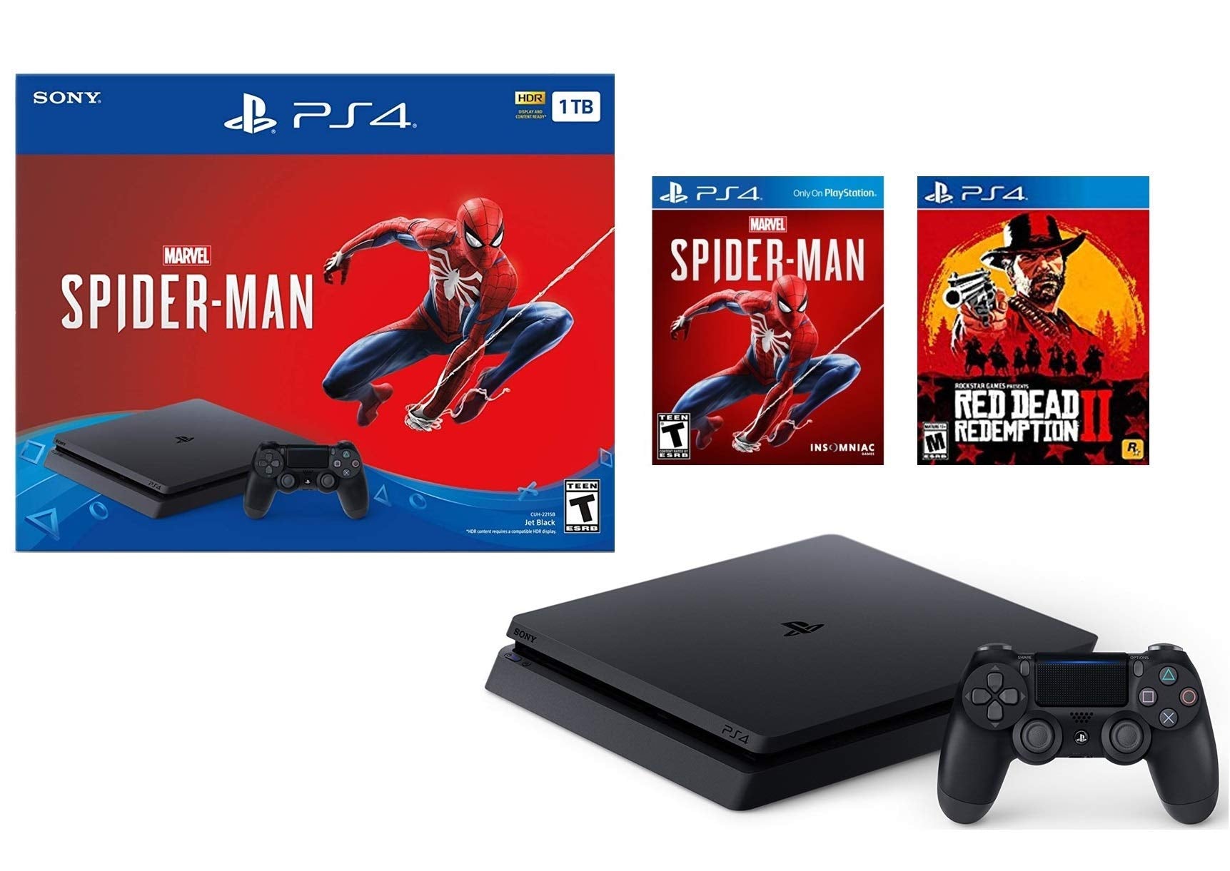 Sony Playstation 4 1TB Marvels Spider-Man Bonus Bundle w/Red Dead Redemption: Playstation 4 1TB Jet Black Console  Marvels Spider-Man  Red Dead Redemption 2  DUALSHOCK Wireless Controller (Renewed)
