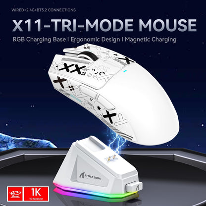 ATTACK SHARK X11 Ultra-Light Gaming Mouse 22K DPI 5 Programmable Buttons White&Sticker with Magnetic Charging Stand for PC/Mac