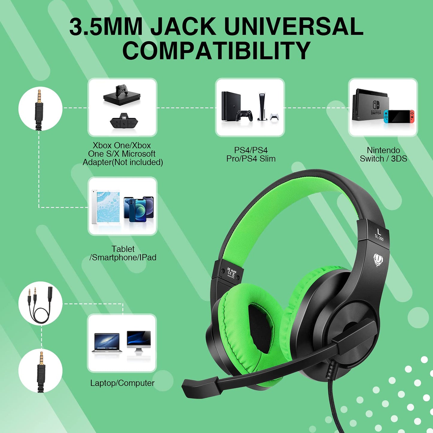 BlueFire Over-Ear Kids Headphones with Microphone, Volume Control, 3.5mm Jack, Green, Model CW63BF for Gaming and Online School