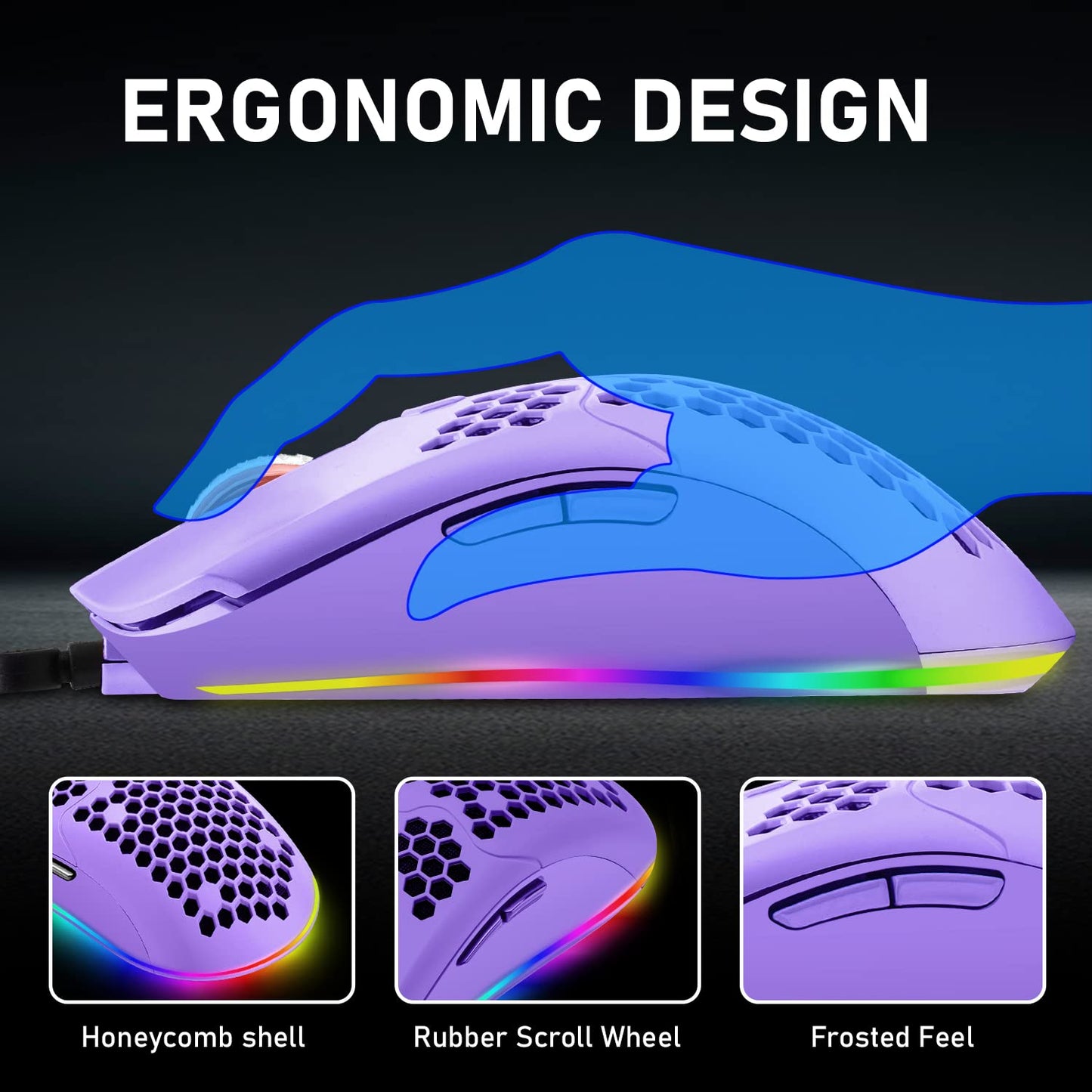 ZIYOU LANG Wired Lightweight Gaming Mouse - 6400DPI, 6 RGB Backlit, 7 Programmable Buttons, Ultralight Honeycomb Shell, Purple