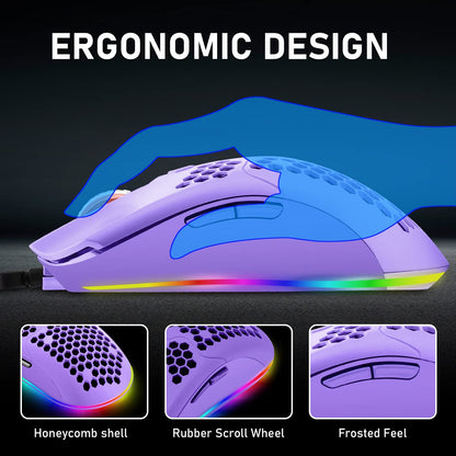 ZIYOU LANG Wired Lightweight Gaming Mouse - 6400DPI, 6 RGB Backlit, 7 Programmable Buttons, Ultralight Honeycomb Shell, Purple