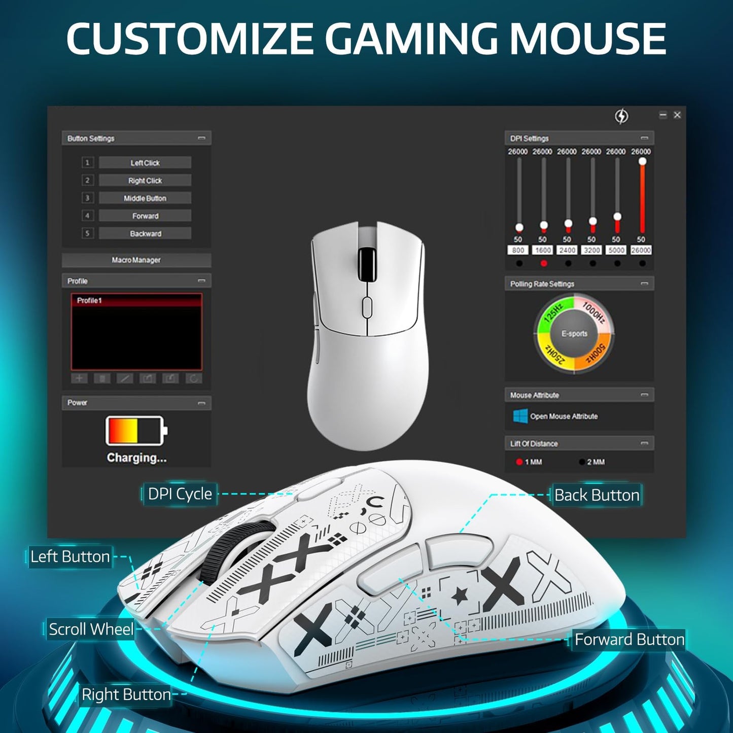 ATTACK SHARK R1 Wireless Gaming Mouse - Tri-Mode (2.4G/Wired/BT5.2), 18K DPI, 55g Lightweight, White with Anti-slip Sticker