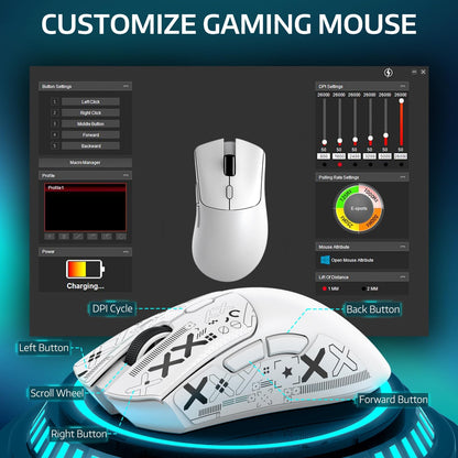 ATTACK SHARK R1 Wireless Gaming Mouse - Tri-Mode (2.4G/Wired/BT5.2), 18K DPI, 55g Lightweight, White with Anti-slip Sticker