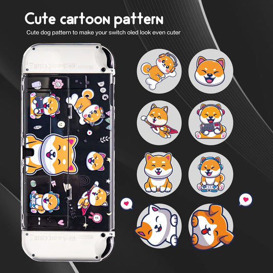 NANANINO Switch OLED Hard Shell Case - Cute Dog Pattern, Includes Paw Grips & Screen Protector, Clear, Model NN-25-Dog