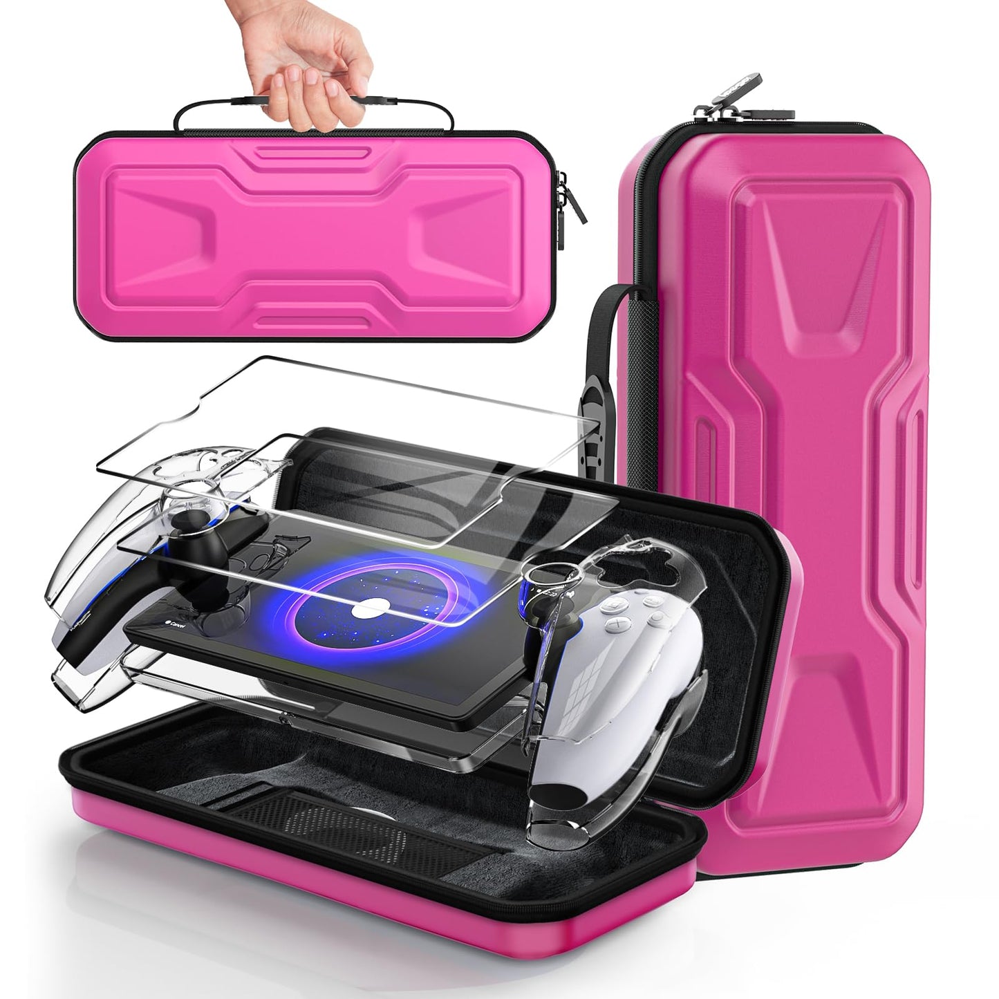 FYOUNG Carry Case Bundle for PlayStation Portal - Hard PC Clear Cover & Tempered Glass Protector, Pink, Model PSP7