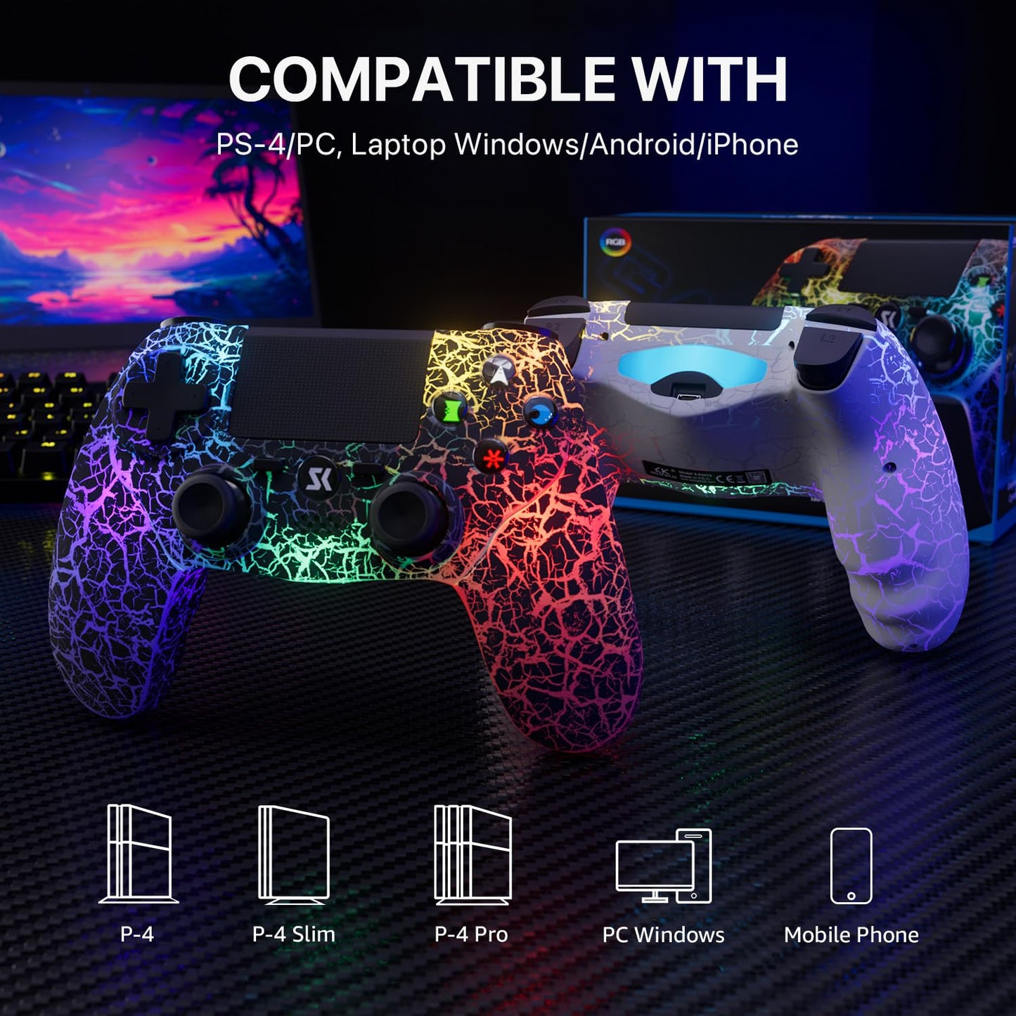 ISHAKO PS4 Wireless Controller with 1000mAh Battery, RGB Lighting & Vibration, Black - Compatible with PlayStation 4/Pro/Slim/PC