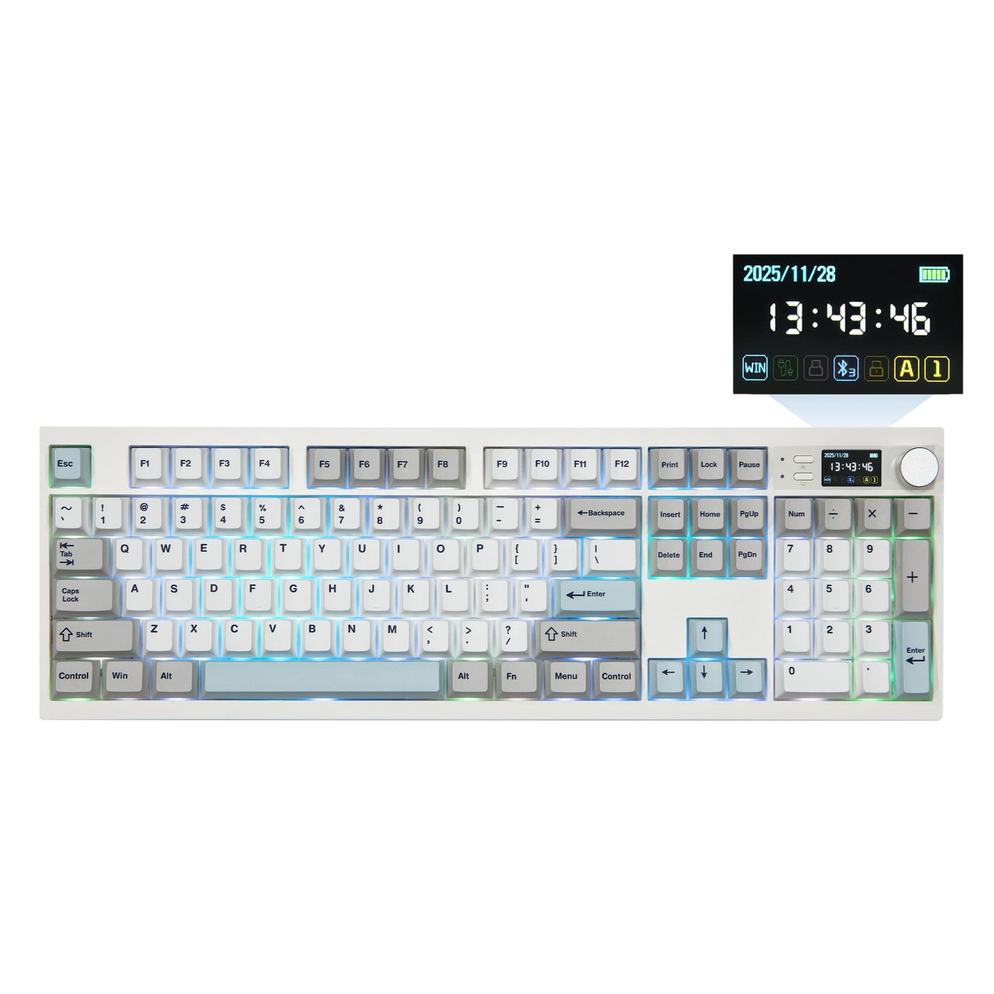 EPOMAKER QK108 Full Size Mechanical Keyboard with Screen & Knob  8000mAh  QMK/VIA  Creamy&Thocky  Gasket  RGB Backlit  Mac Keycap  Wireless Gaming Keyboard (White Cyan  Wisteria Linear Switch)