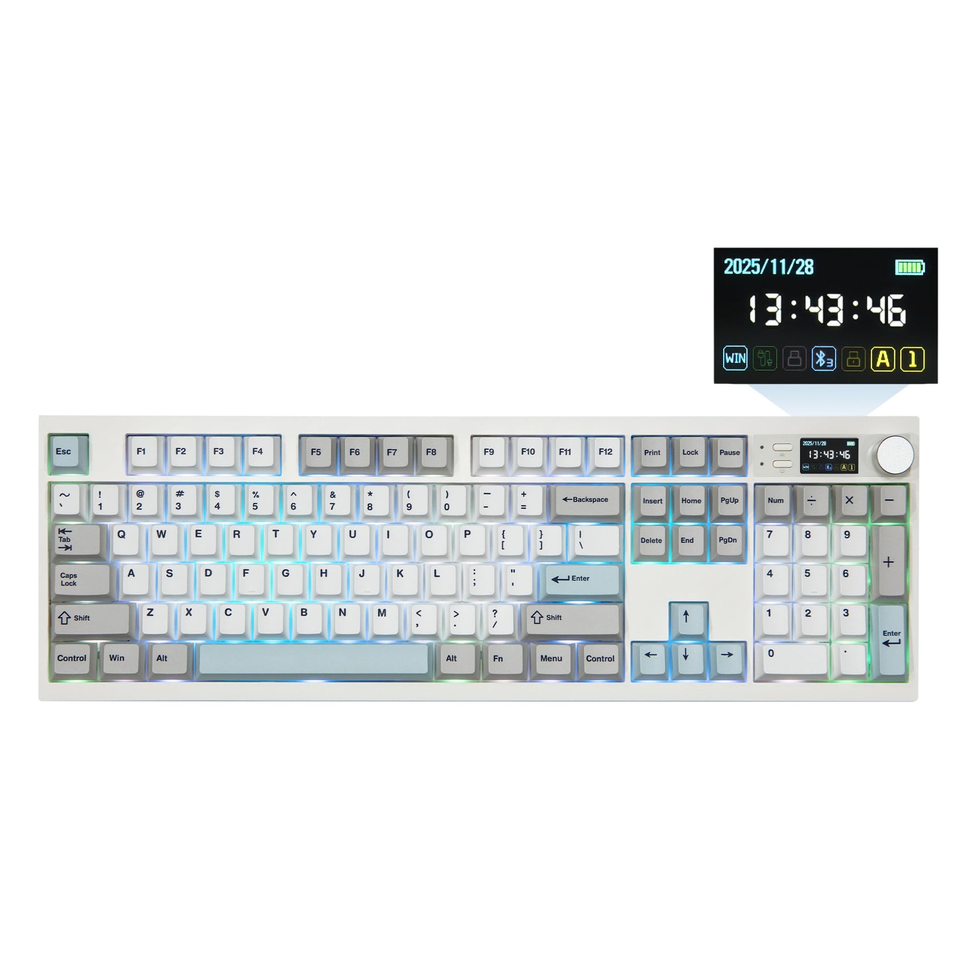 EPOMAKER QK108 Full Size Mechanical Keyboard with Screen & Knob  8000mAh  QMK/VIA  Creamy&Thocky  Gasket  RGB Backlit  Mac Keycap  Wireless Gaming Keyboard (White Cyan  Wisteria Linear Switch)