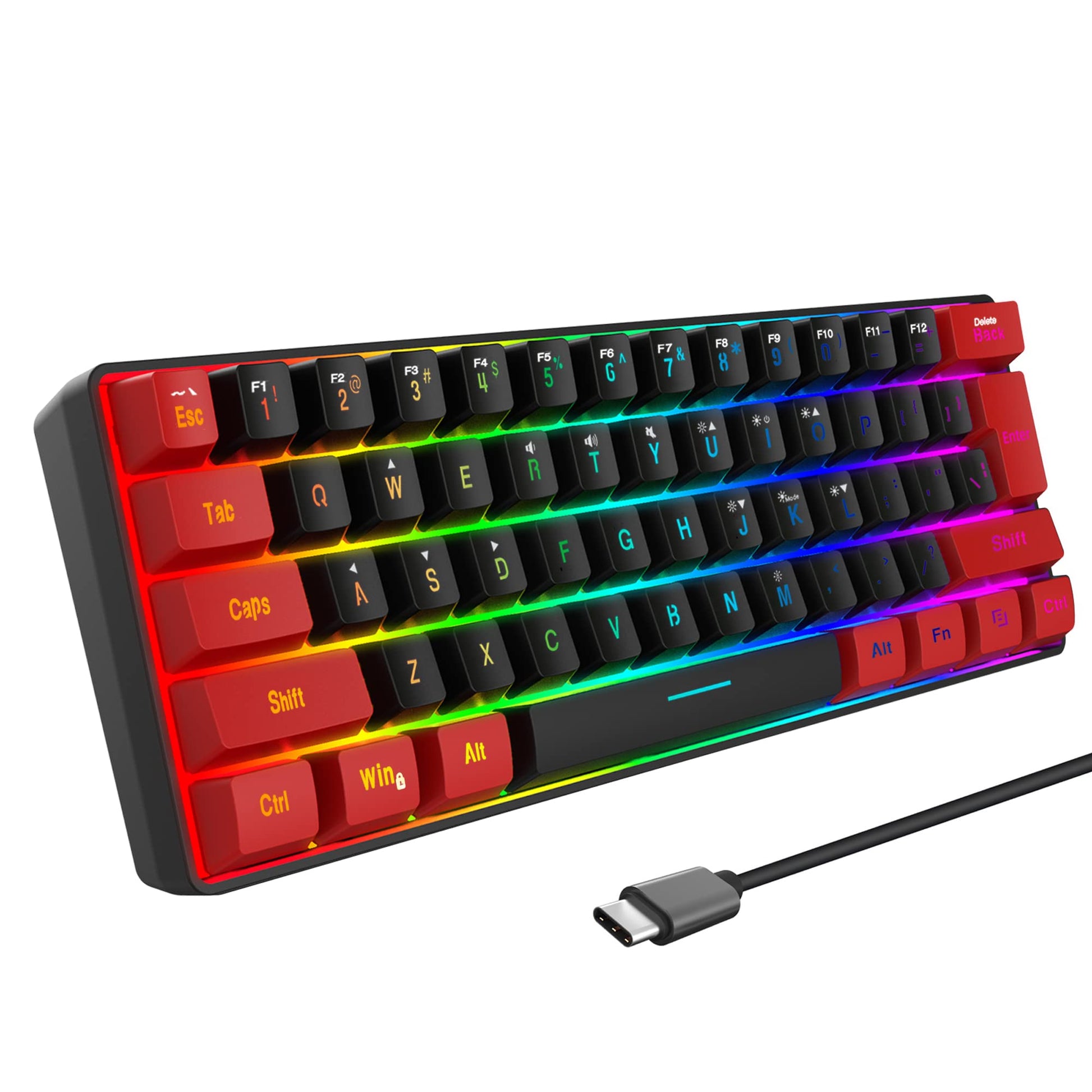 Snpurdiri 60% Wired Gaming Keyboard - RGB Backlit Mini Keyboard for PC - Ultra-Compact, Red and Black