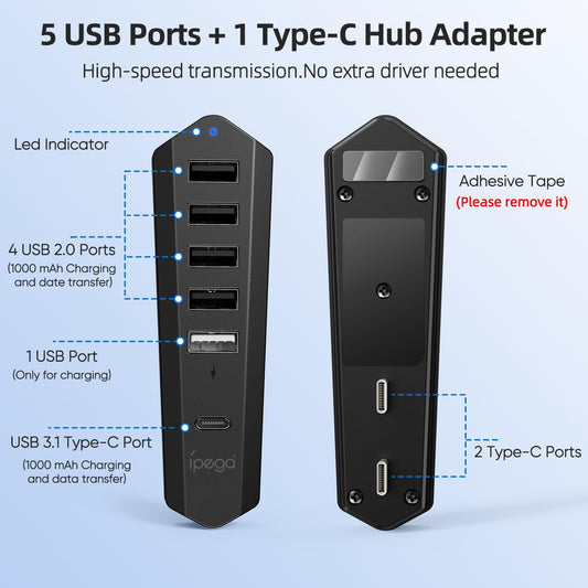 Auarte 6-Port USB Hub for PS5 Pro/Slim - High-Speed Extender, Carbon Black, Compact Design