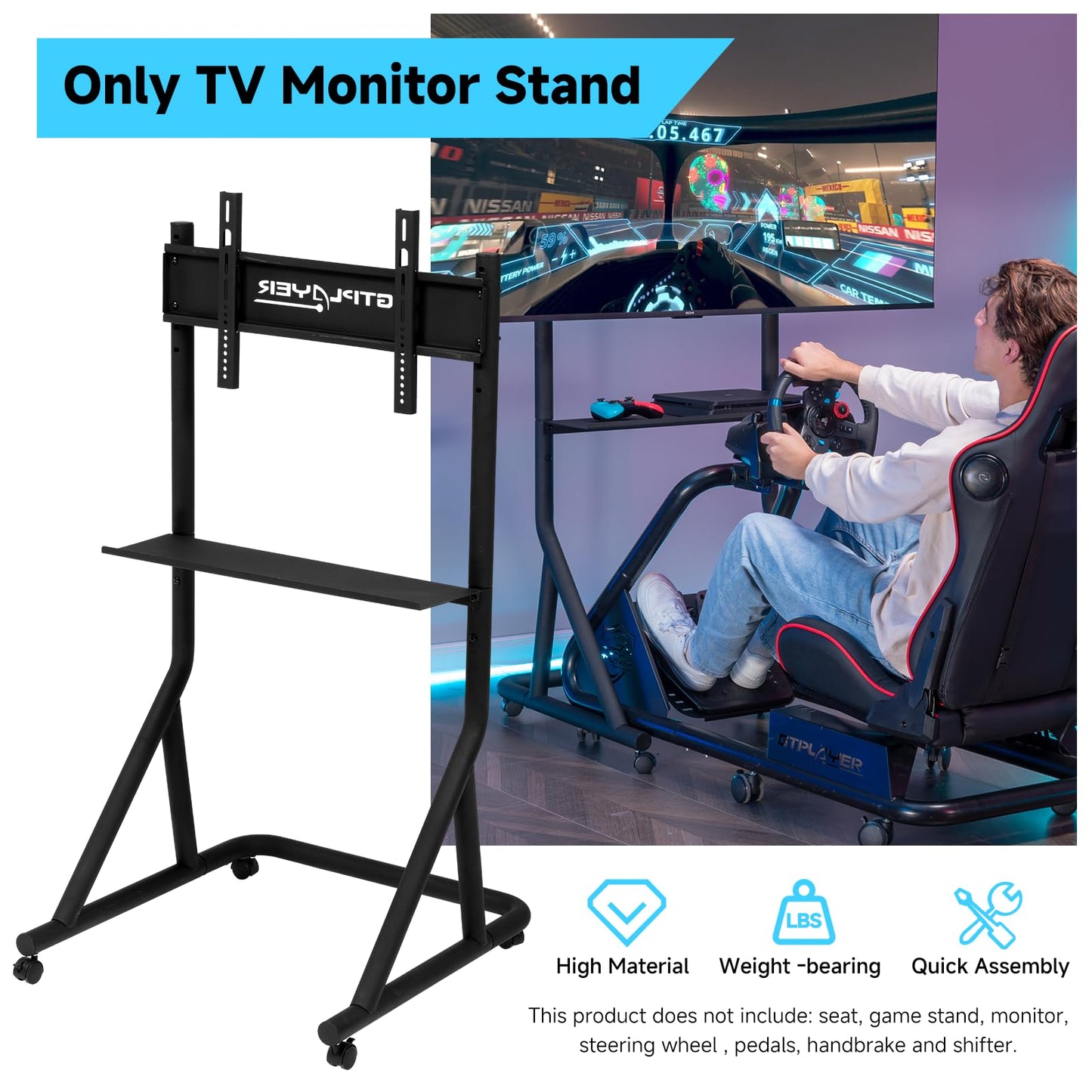 GTPLAYER Adjustable Mobile TV Stand for 32-65 Inch Displays, Black, Model GTS091, Ideal for Racing Wheel and Simulator Cockpits